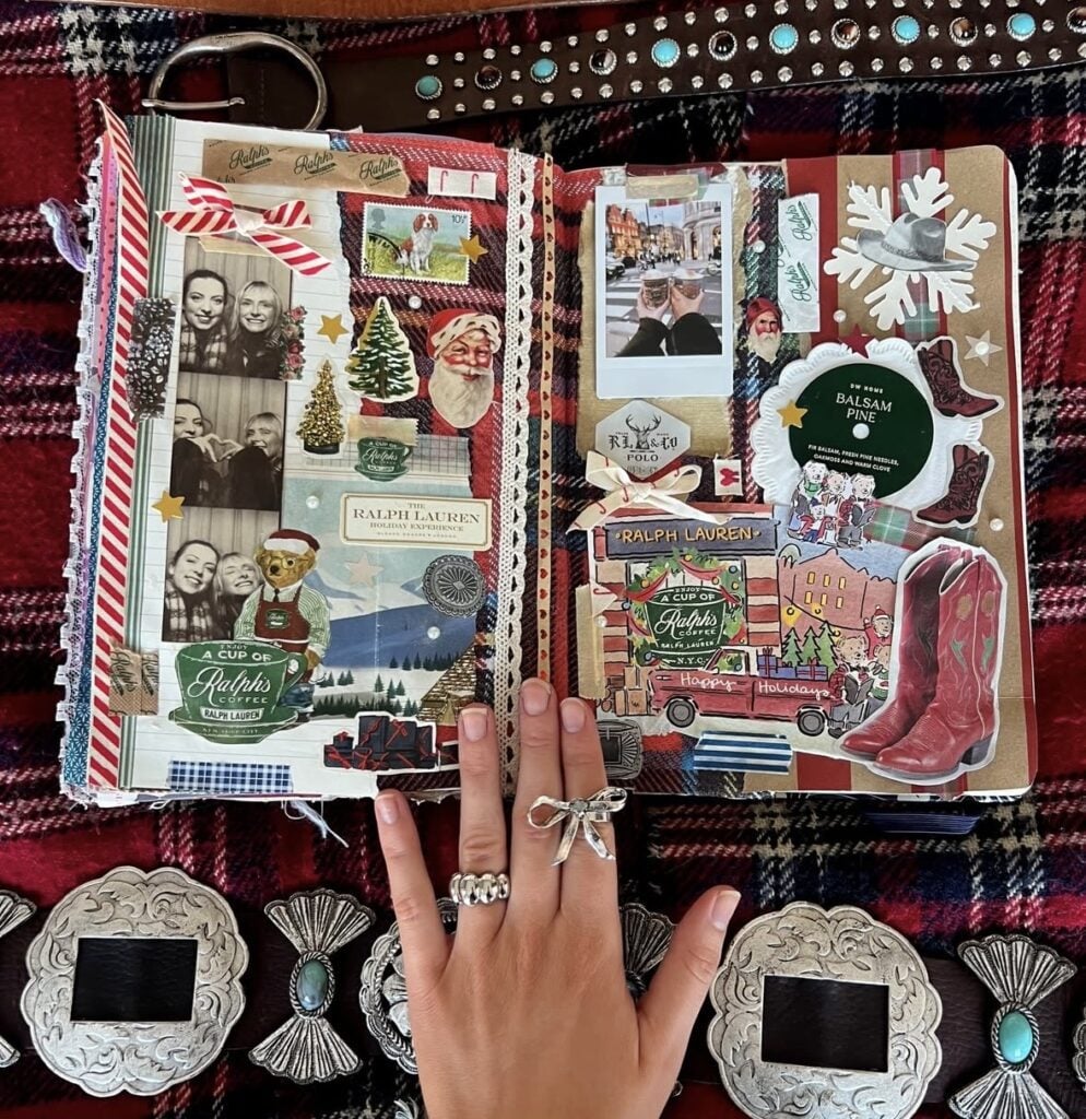December scrapbook collage with layered Christmas paper and festive journal details