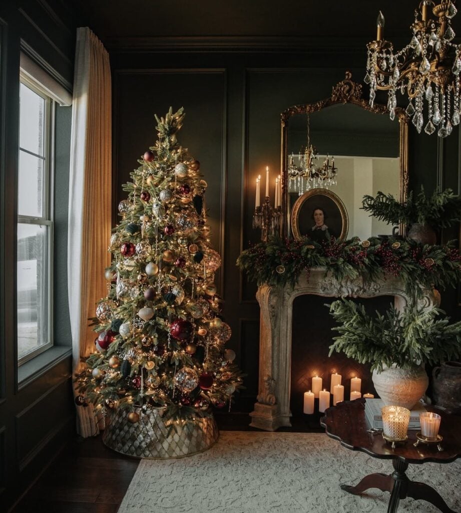 Elegant gold Christmas tree in a luxury living room with warm lights and oversized metallic ornaments.