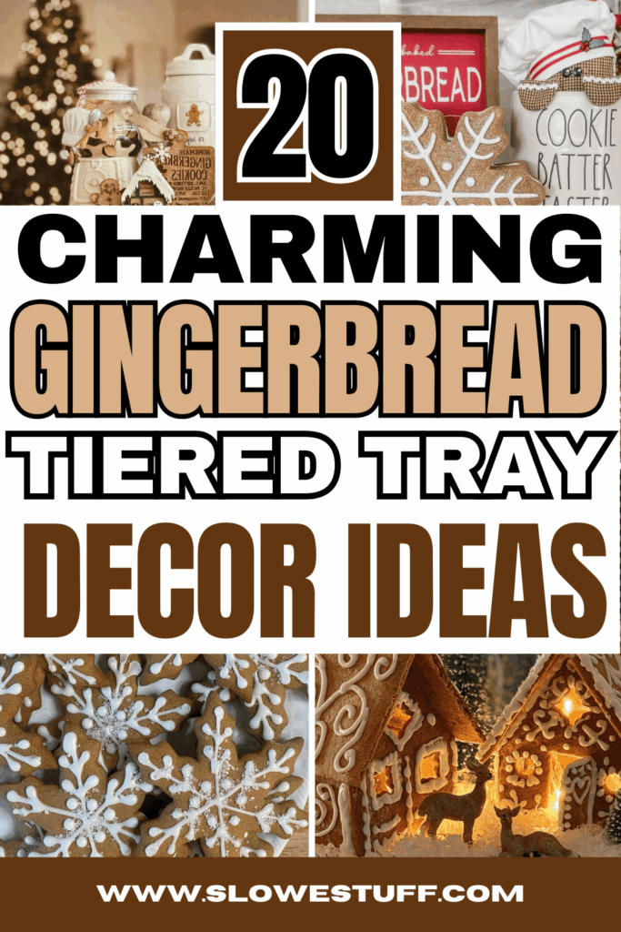 Pinterest pin graphic showing a collage of gingerbread tiered tray decor with tiny houses, mugs, and Christmas greenery, with headline text that reads “20 Gingerbread Tiered Tray Decor Ideas For Christmas,” featured by slowestuff.com.