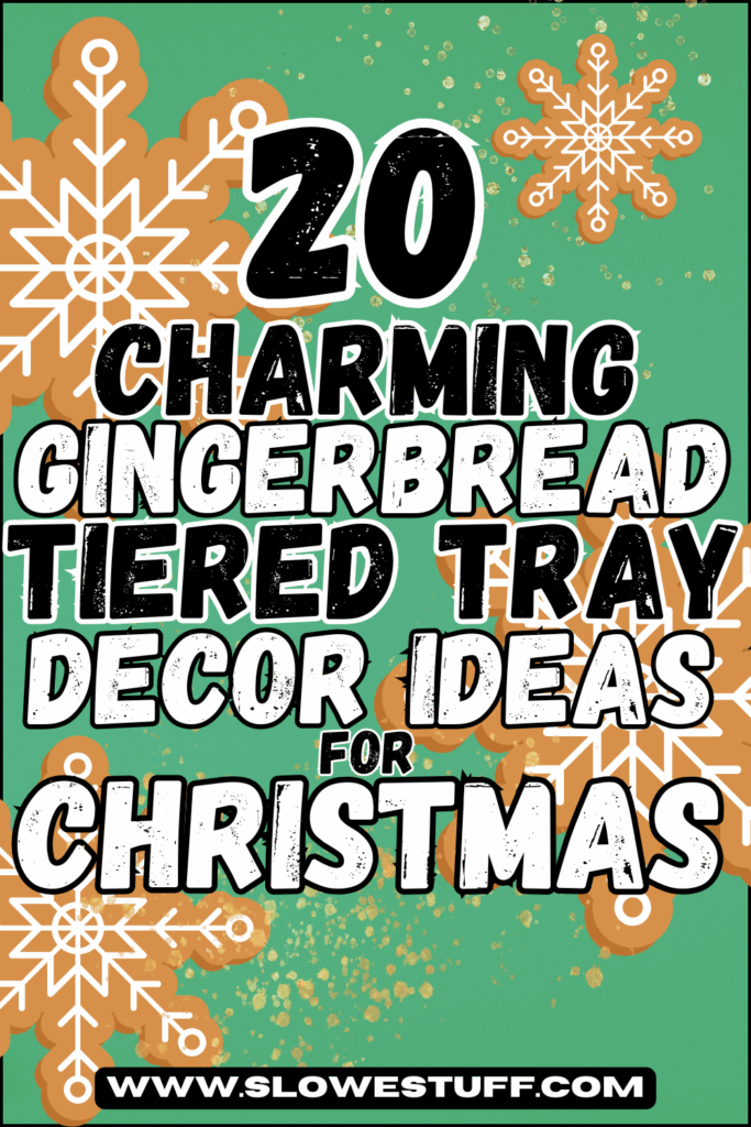 Gingerbread tiered tray decor ideas Pinterest graphic with gingerbread cookie art and title text for Christmas kitchen inspiration.