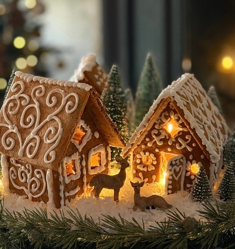 Illuminated gingerbread house with glowing windows on a wooden tray with frosted Christmas trees and twinkle lights.