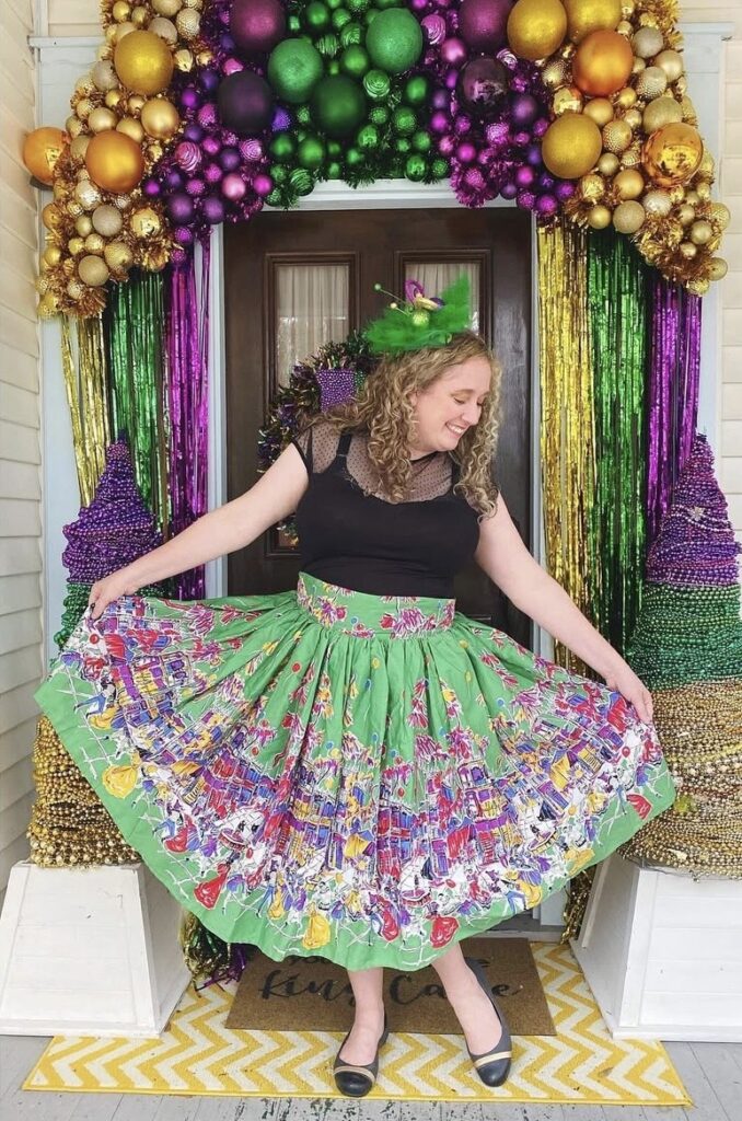Outfit photo from The Porch Club during Mardi Gras season.