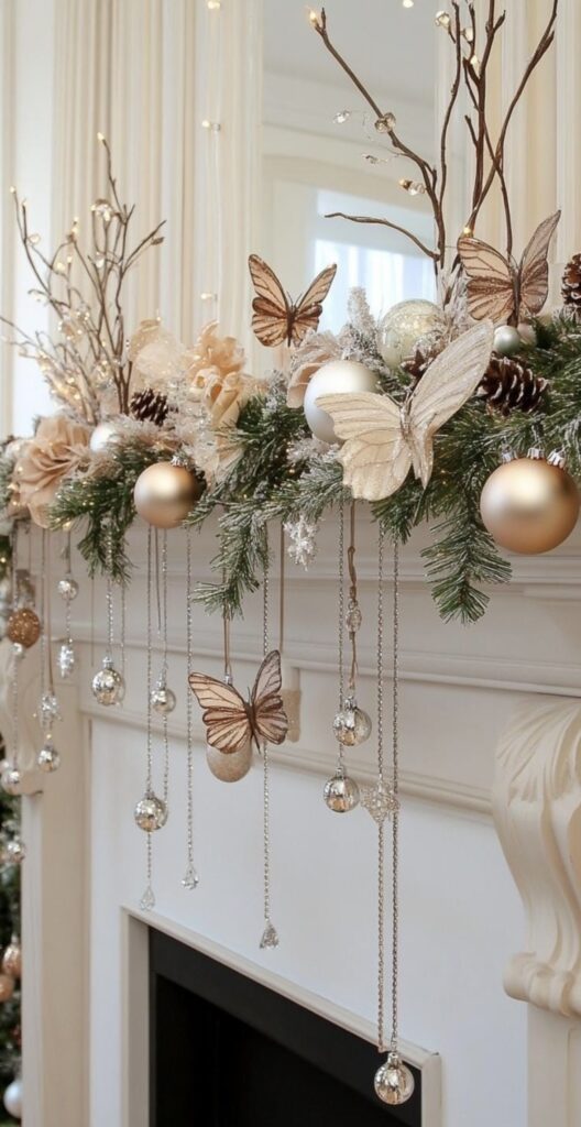 Neutral Christmas fireplace mantel styled with butterflies, sticks, greenery and gold accents featured by slowestuff.com.