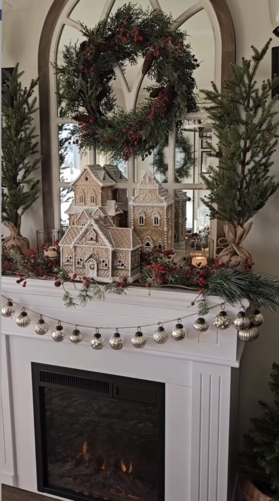 Christmas mantel decorated in a soft neutral color palette with simple holiday accents and seasonal greenery, featured by slowestuff.com.