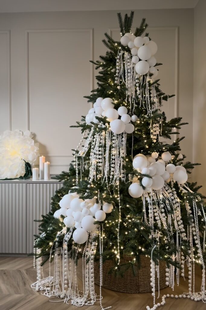 Snowy Christmas tree with unusual ornaments and festive winter holiday deco