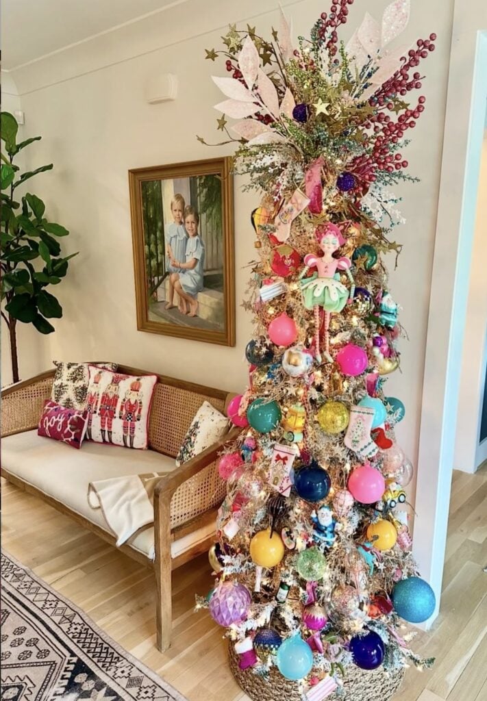 Unique Christmas tree with bold ornaments and creative holiday decorating inspiration
