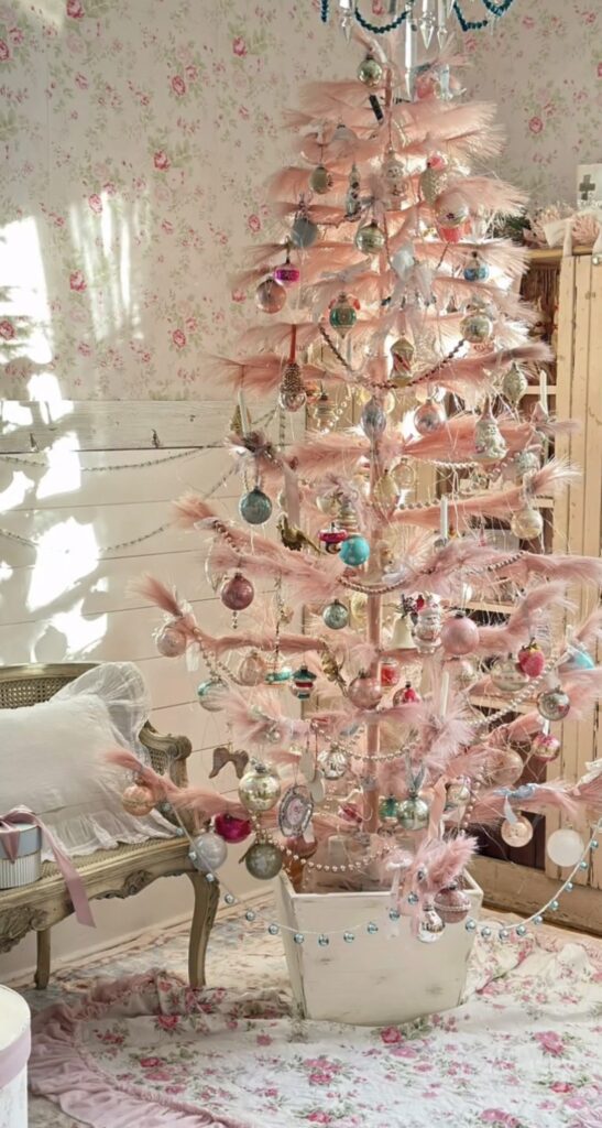 Unique Christmas tree with creative decorations and cozy festive holiday style