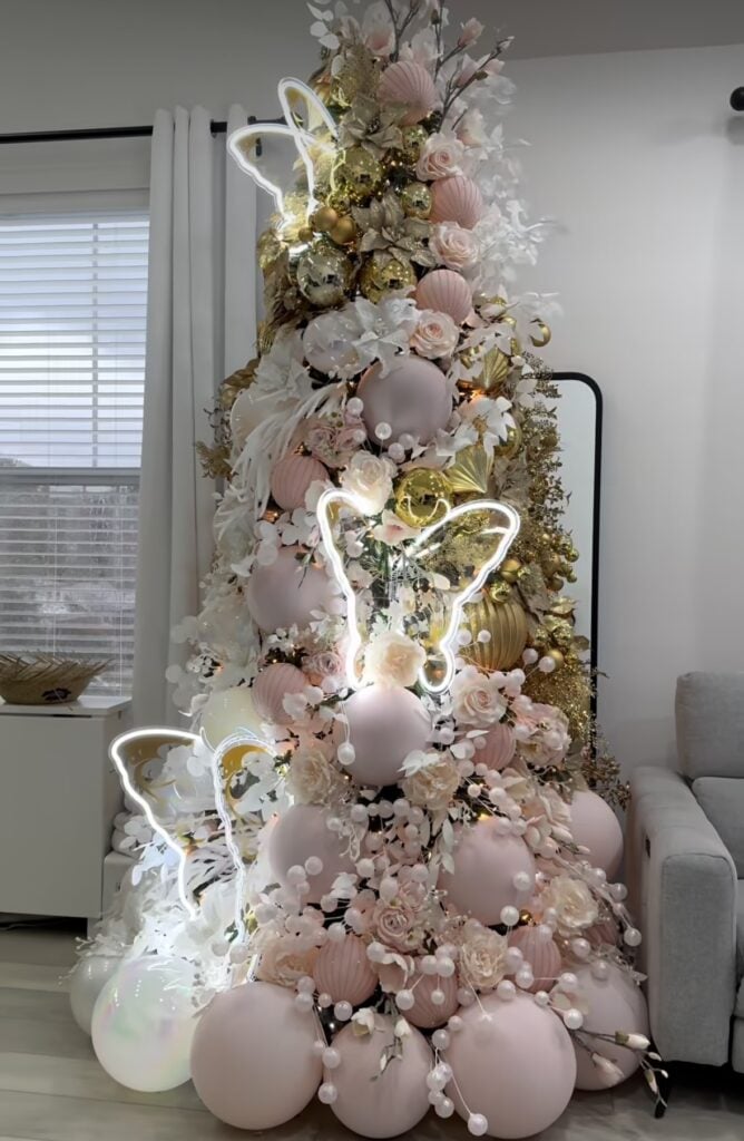 Non-traditional Christmas tree with bold ornaments and creative holiday decorating details