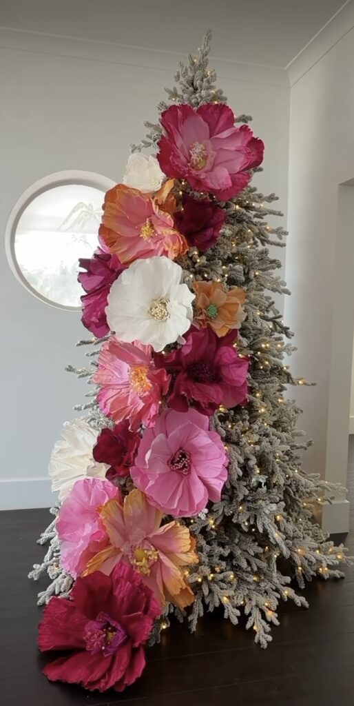 Non-traditional Christmas tree decorated with unexpected colors and festive holiday style
