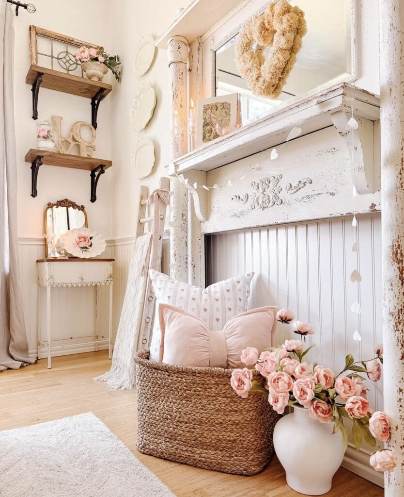 Shabby chic Valentine’s Day fireplace decor with a distressed mantel, soft pink pillows in a basket, pink roses, and a heart garland.