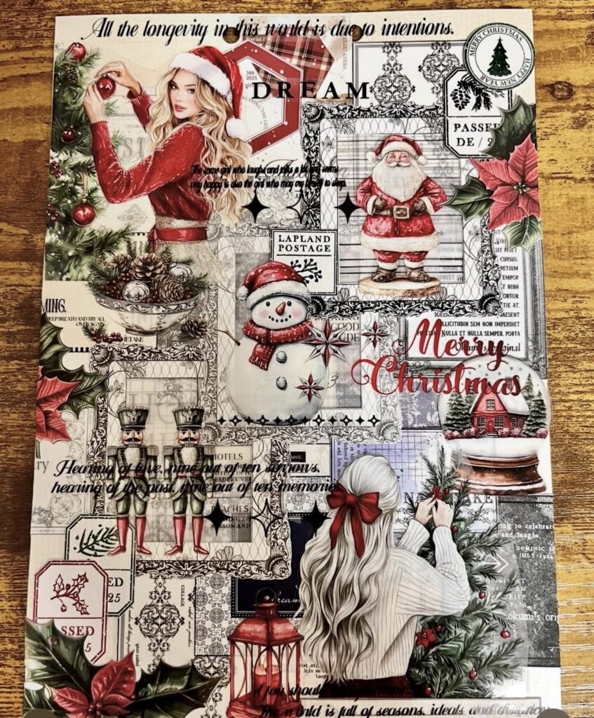 Santa junk journal page with green mixed media background, layered Christmas paper, stars and holiday ephemera
