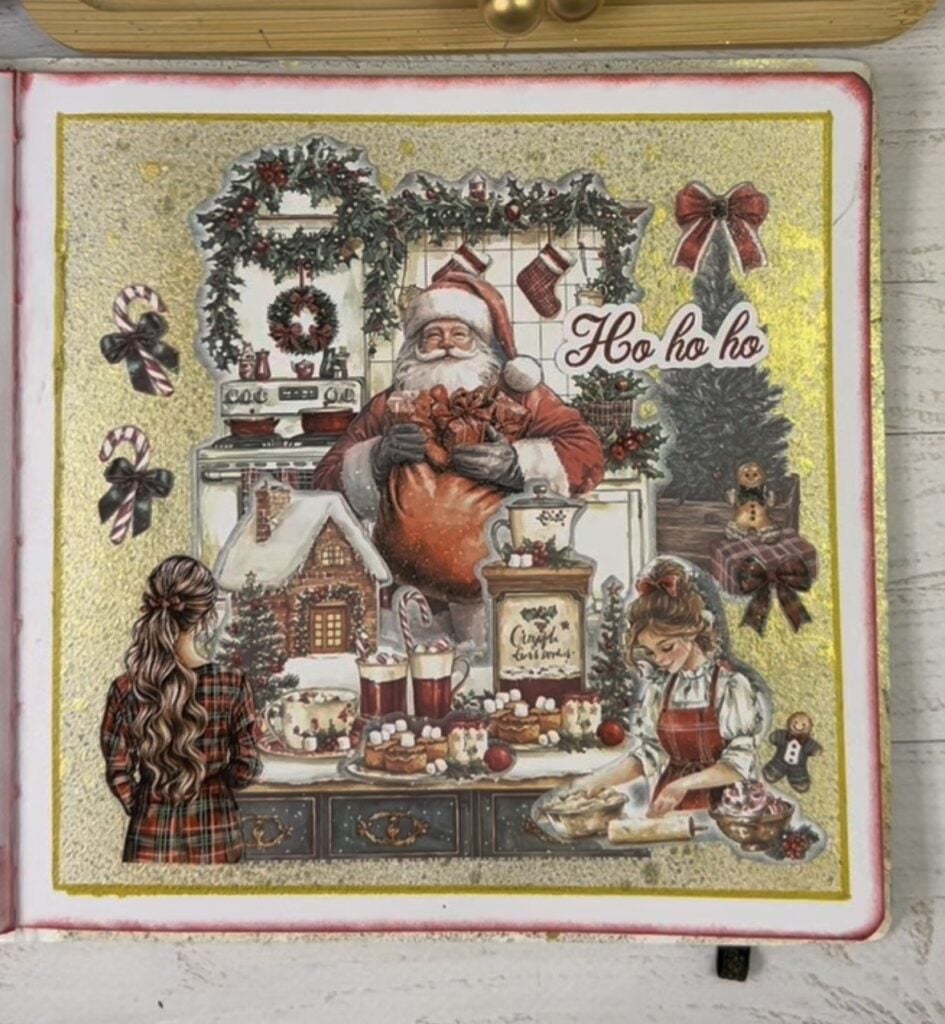 Santa Christmas scrapbook page with layered vintage papers, holly, red accents and festive embellishments