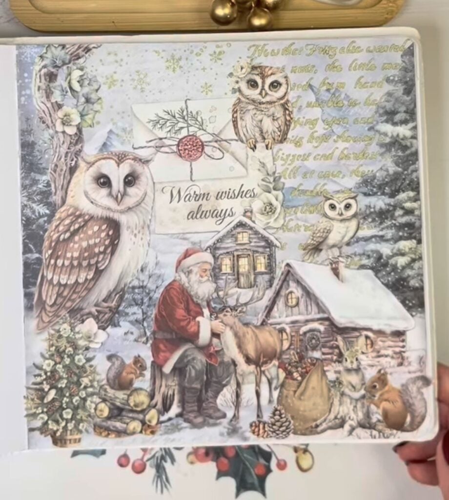 Woodland Santa scrapbook page with snowy cabins, owls, forest animals and winter Christmas scenery
