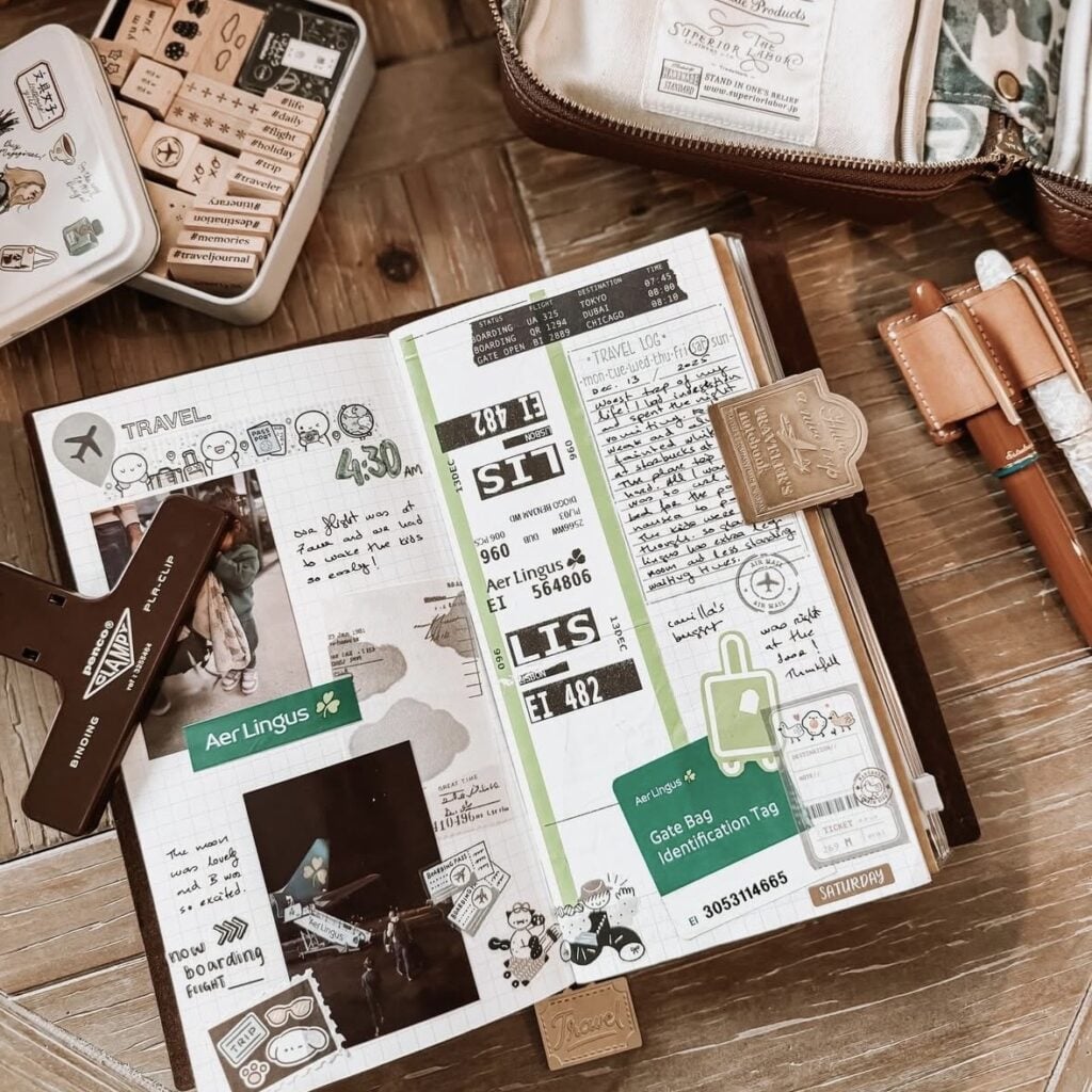 Open travel scrapbook spread with airline boarding pass strips, Aer Lingus tags, photos, and handwritten notes on grid paper, laid out with travel-themed stickers and clips.