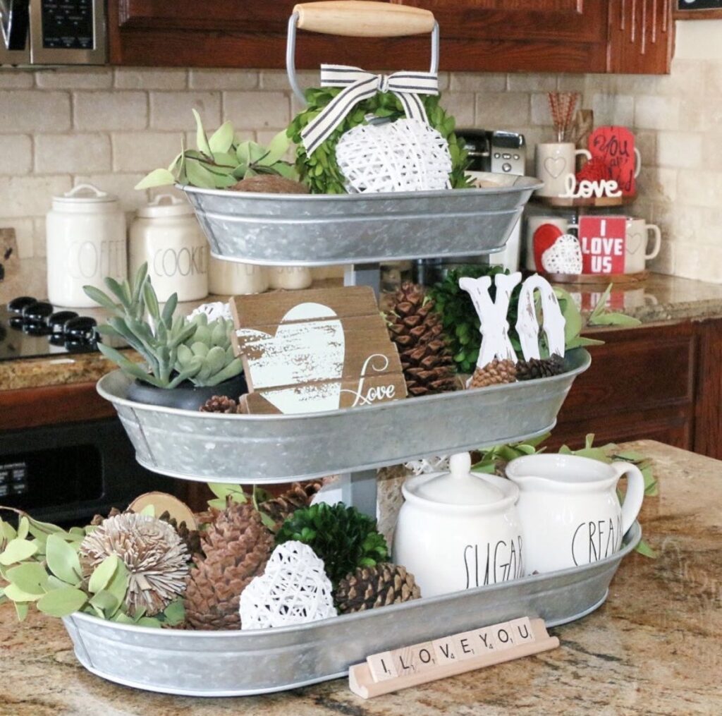Neutral valentines tiered tray with tin tray and white, green and brown accents