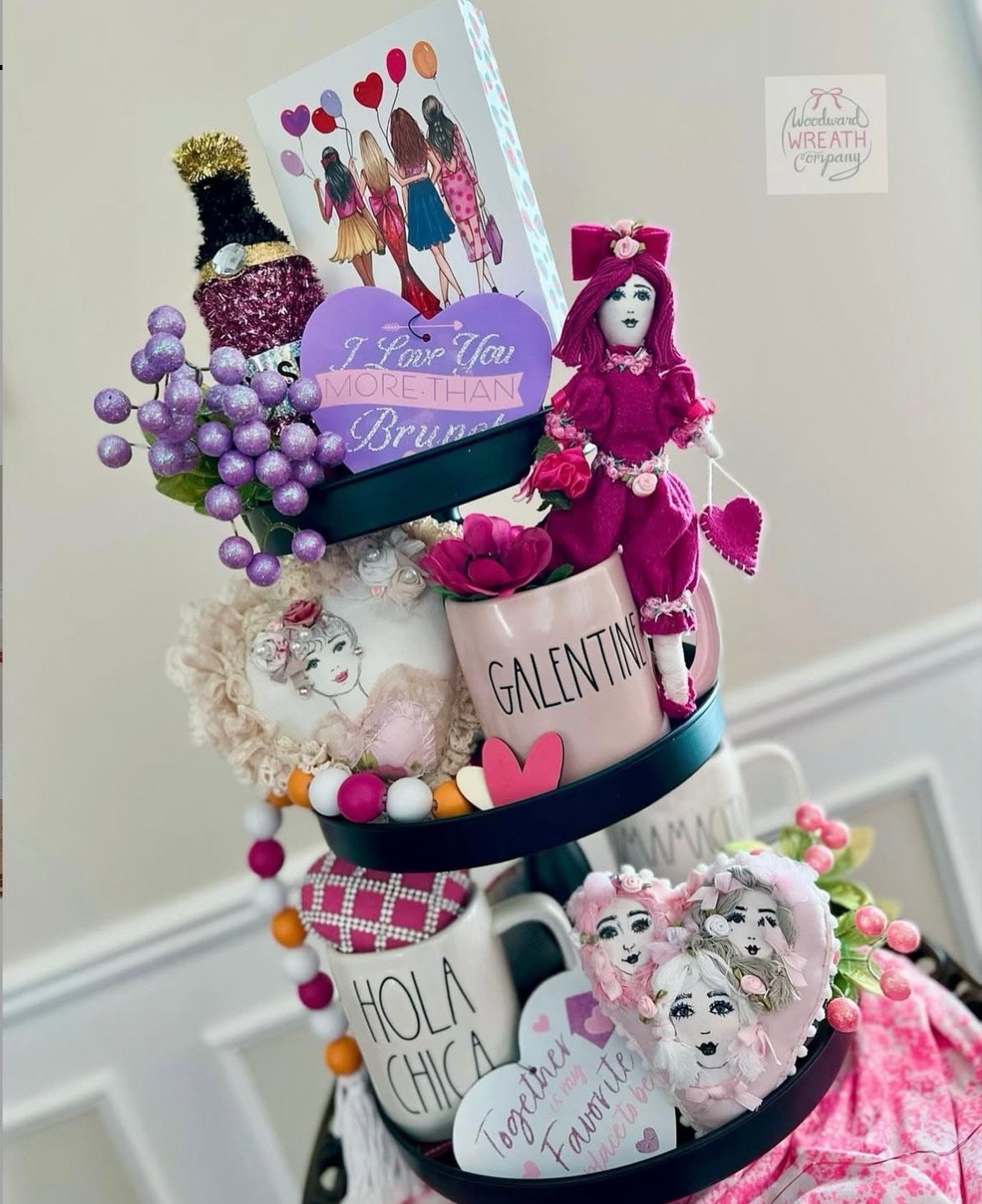 Galentines tiered tray with girlhood dolls, signs, and mugs