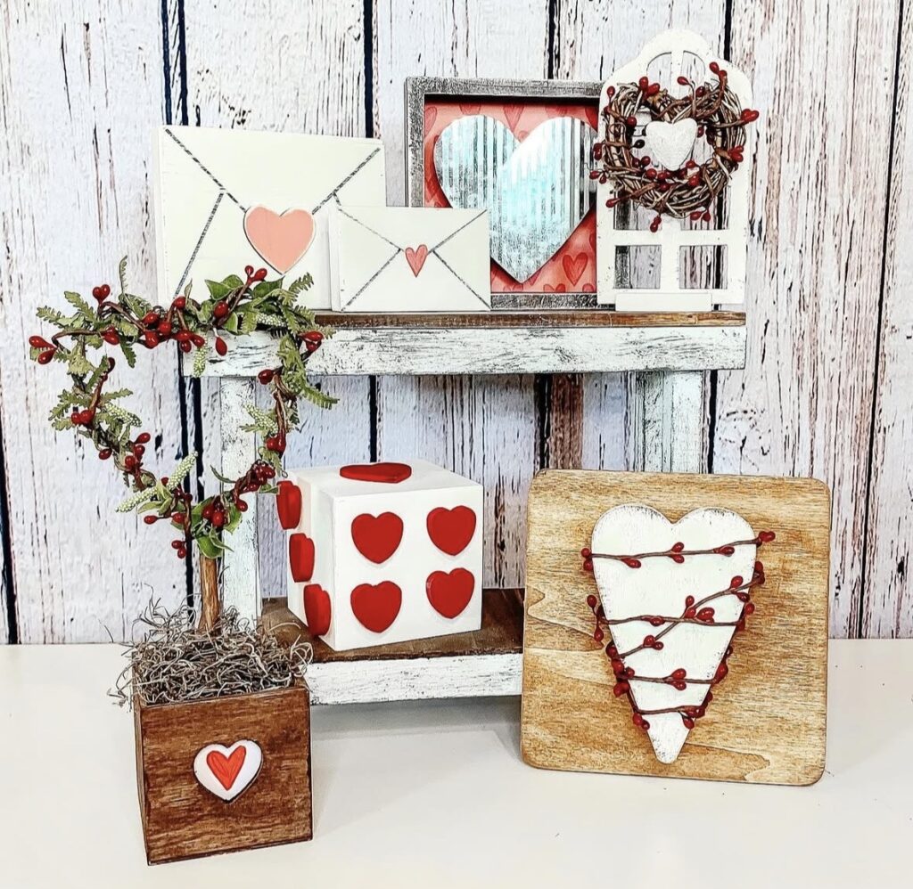 Rectangle tiered tray decor for valentines with red, white and green styling