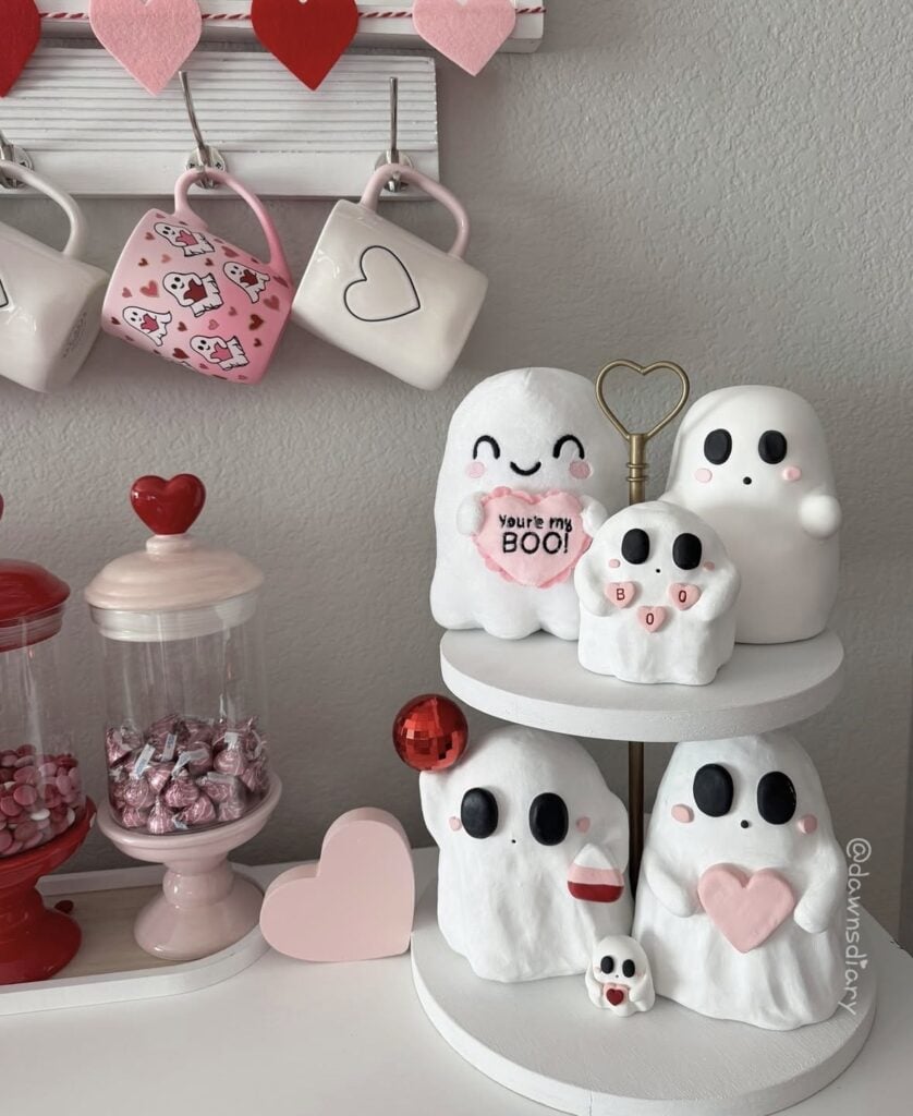 Valentines tiered tray decor with ghosts