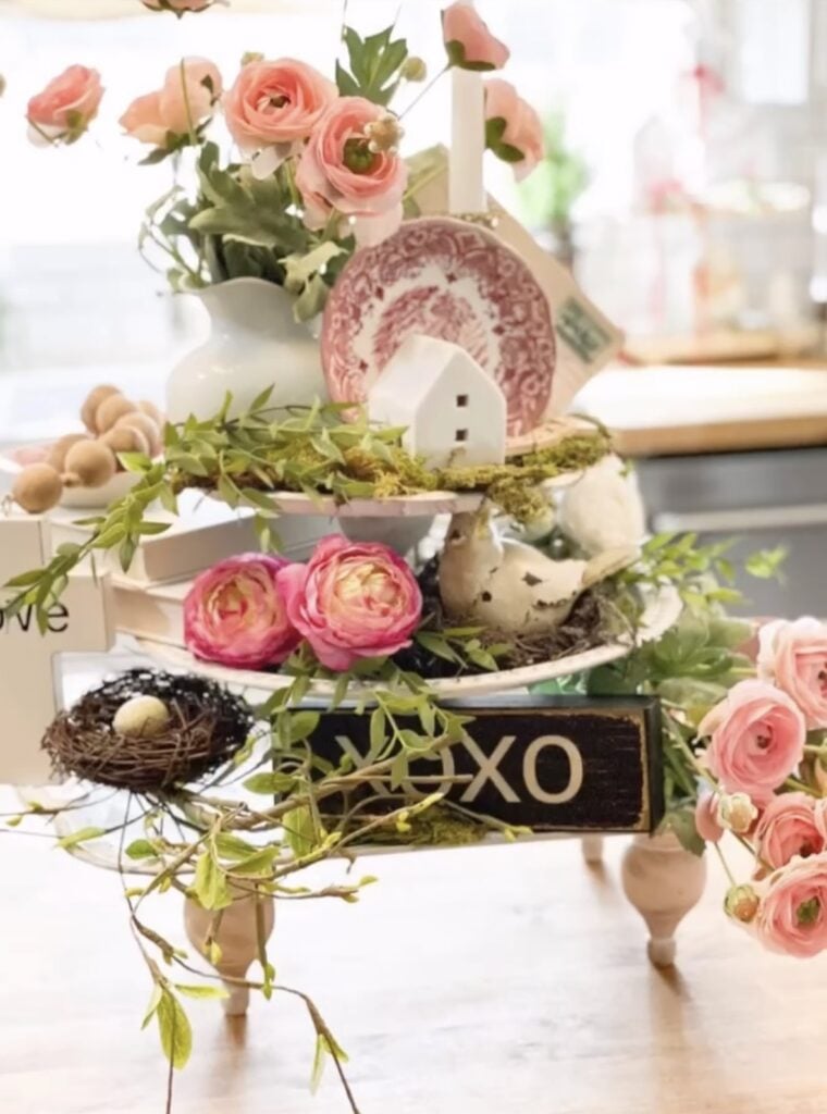 Pink Valentine tiered tray with heart decor, florals, candy details, and a cozy romantic vibe.