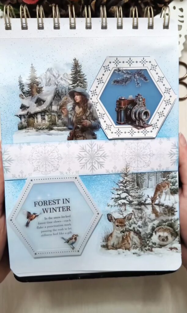 Blue winter scrapbook page with icy tones, layered mats, and winter themed embellishments.