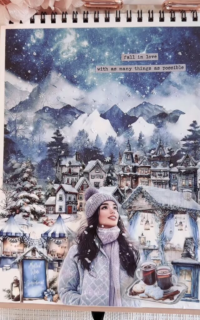 Winter city scene scrapbook layout with layered papers and a winter travel or street scene vibe.