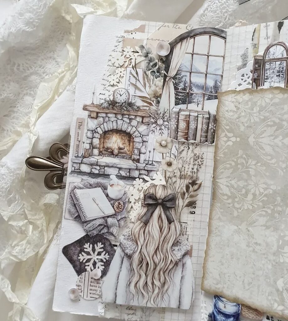 Cozy monochrome winter scrapbook layout with neutral papers, soft textures, and layered clusters.