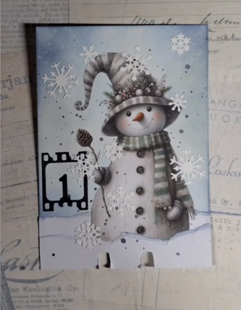 Cute winter scrapbook layout featuring a snowman theme with bright accents and layered paper elements