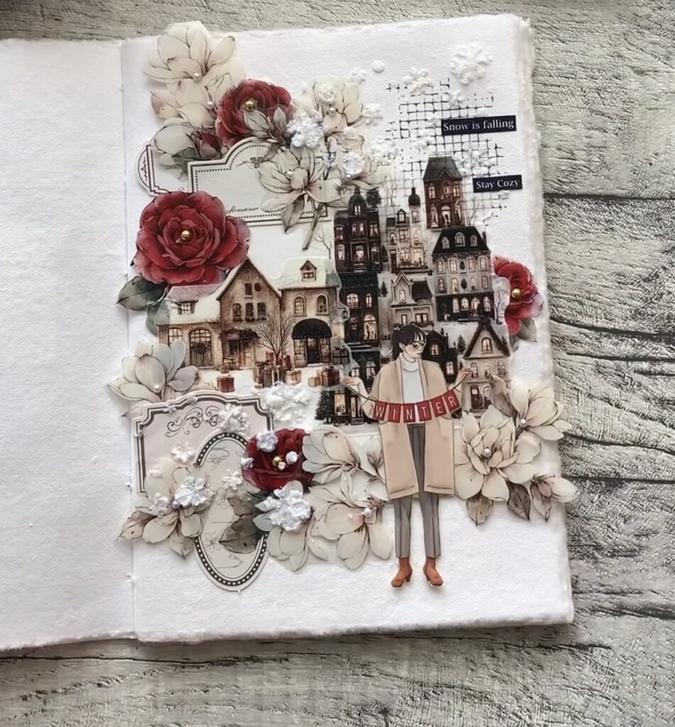 Winter scrapbook layout with a bold red accent color, layered paper strips, and winter themed details.