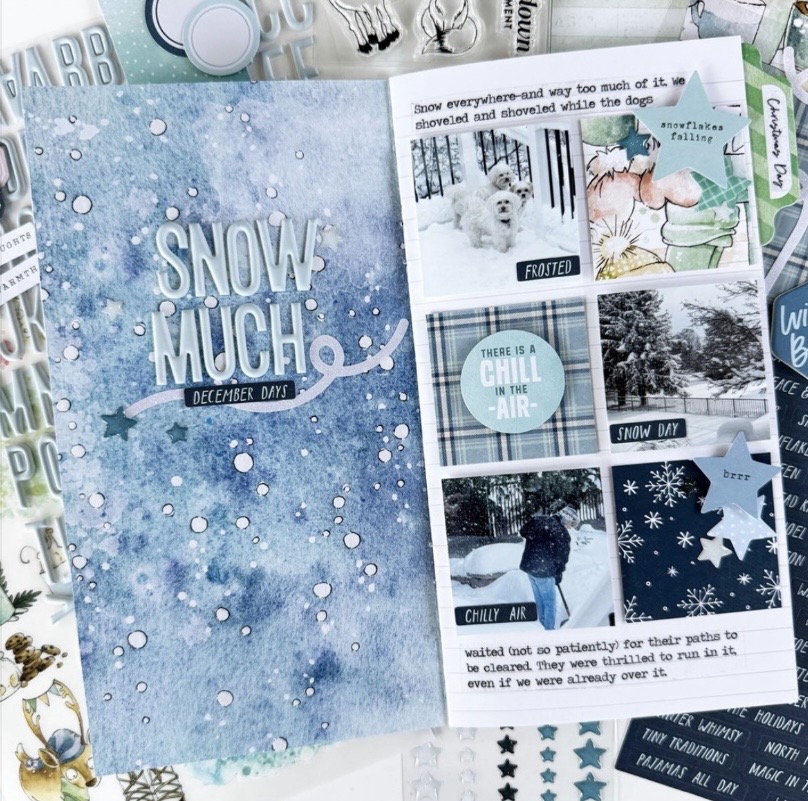 Blue winter scrapbook layout with clean layers, winter themed embellishments, and a photo-ready design.