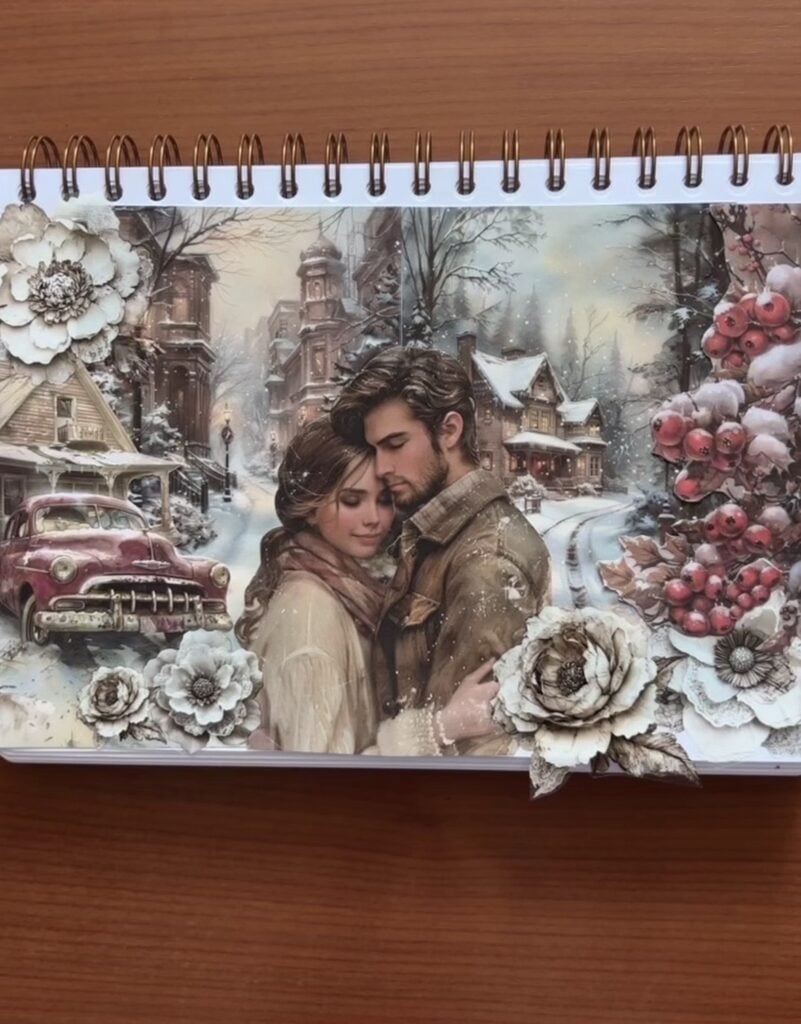 Winter scrapbook layout with couple embracing surrounded by layered patterns and journaling clusters in a soft winter color scheme.