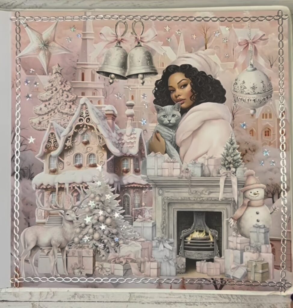 Winter scrapbook layout in soft pink and white with cozy embellishment clusters, patterned paper, and a seasonal title area.