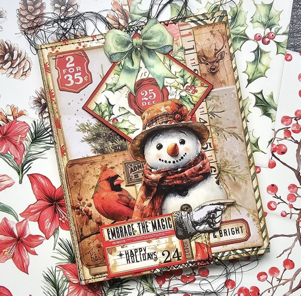 Cozy winter scrapbook page with a snowman theme, layered textures, and warm winter embellishments.