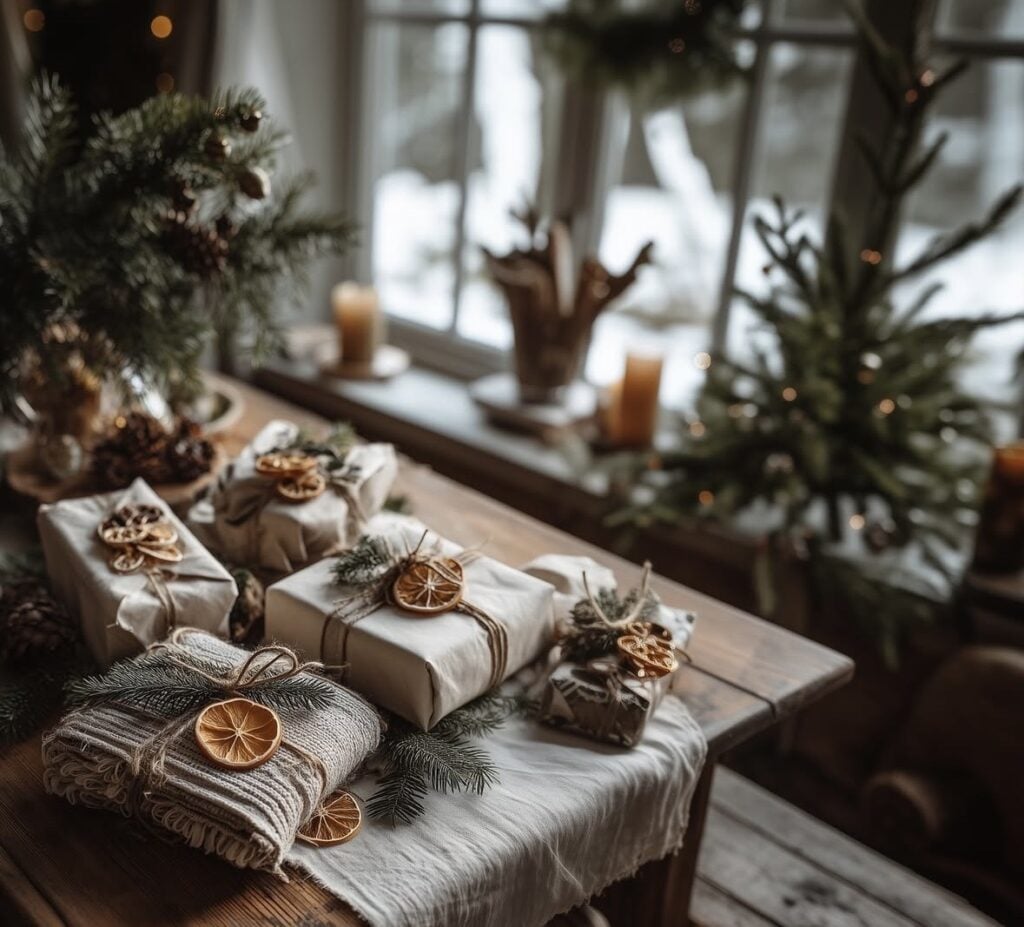 Scandinavian-inspired Winter Solstice living room with nature wrapped gifts, candlelight, evergreen branches, wood furniture, and soft neutral decor.