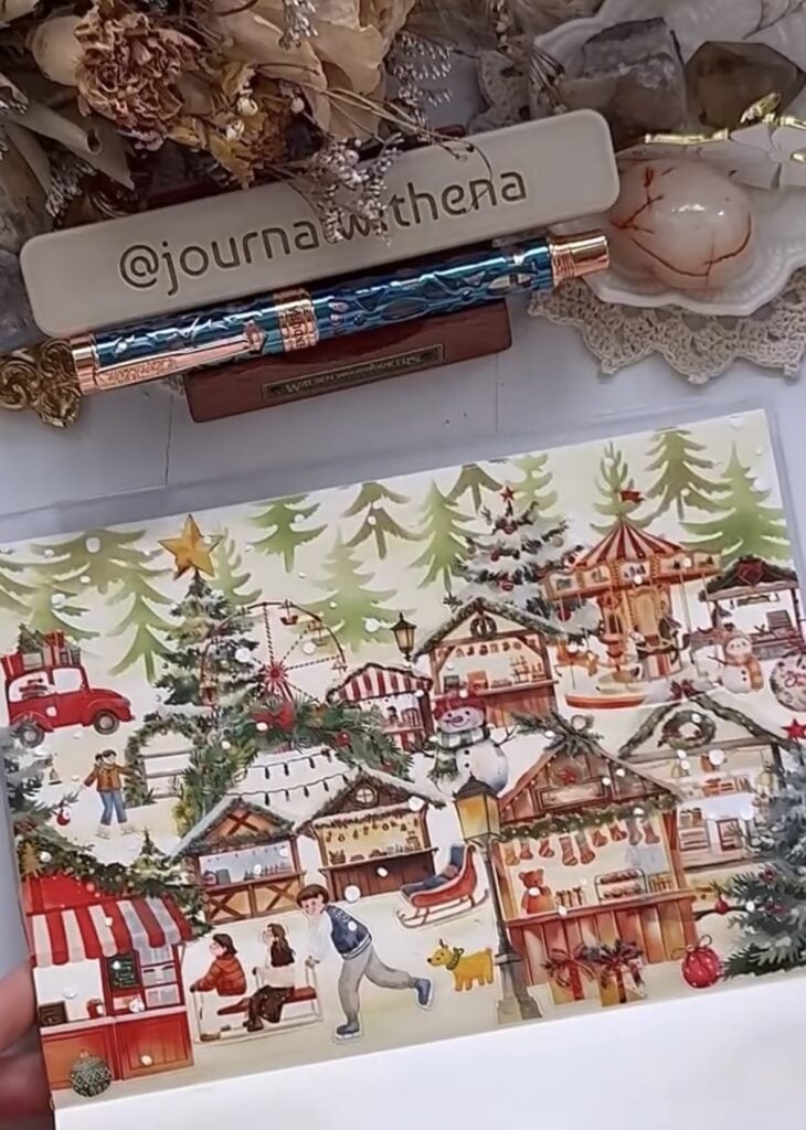 Winter street scene scrapbook page with layered papers, labels, and a cozy winter day vibe.