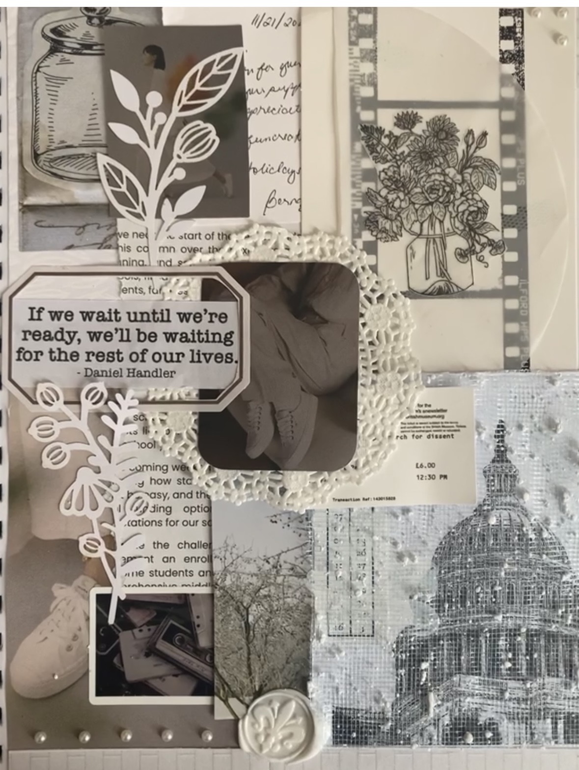 White monochrome junk journal page with white-on-white textures, layered scraps, and cozy neutral detail.