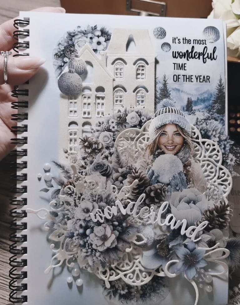Winter wonderland scrapbook page with icy colors, layered mats, and classic winter themed details.