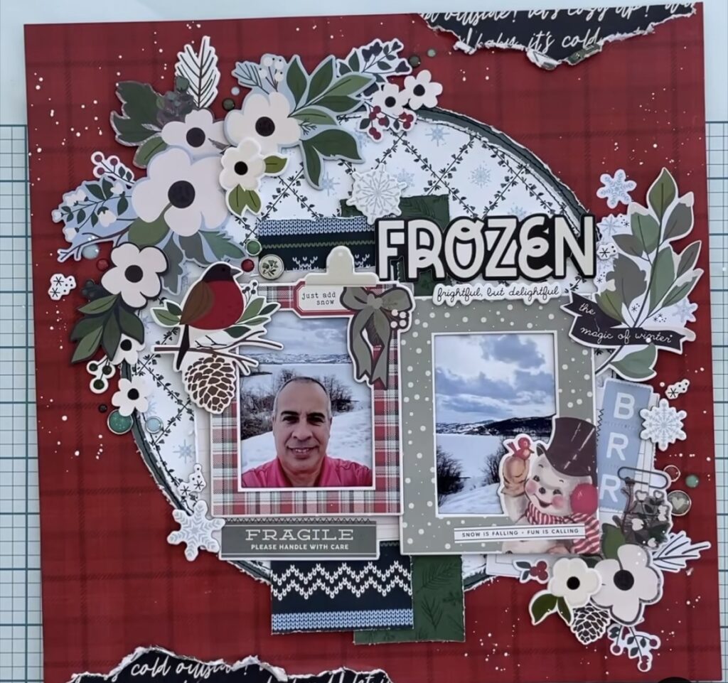 Winter scrapbook page with a red color scheme, layered papers, and bold title accents.