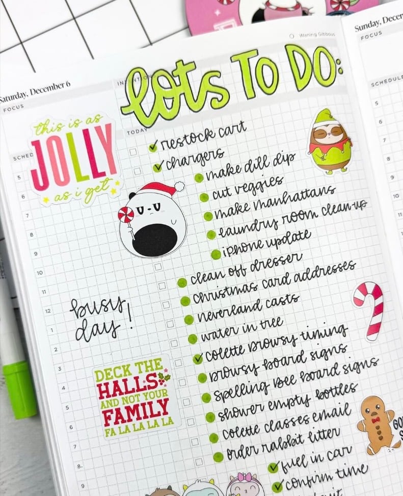 Cozy December planner spread with colorful jolly creative weekly planning layout.