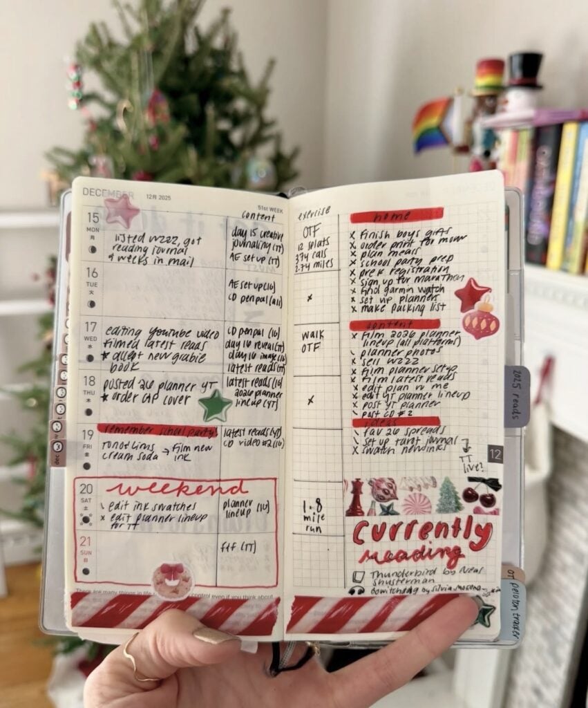 Cute December journal layout featuring cozy holiday decorations and festive planning pages.