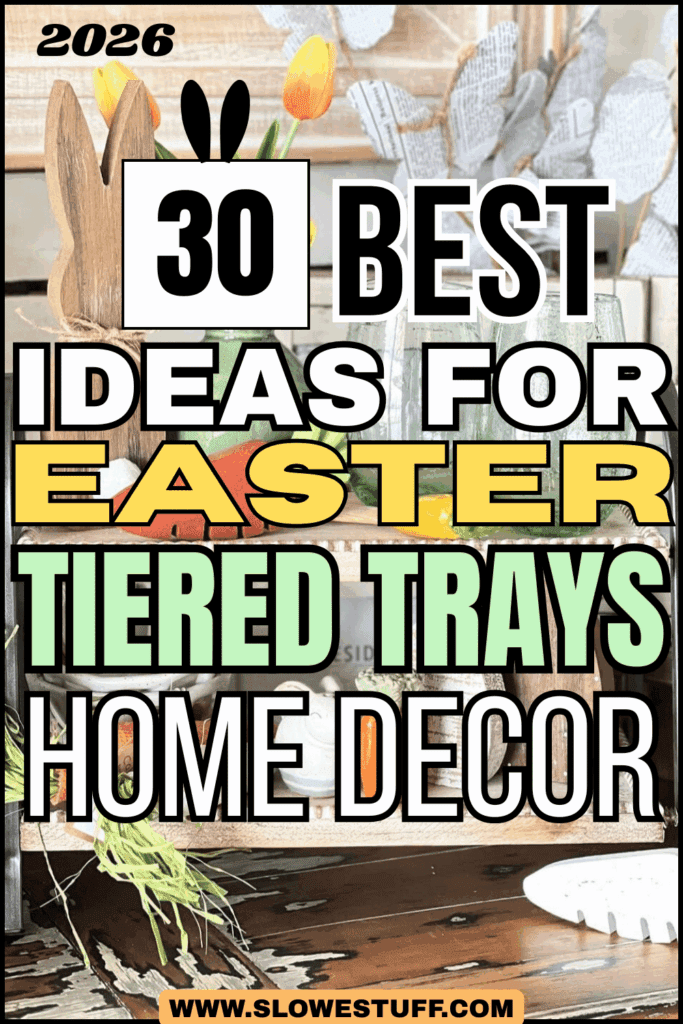Title image reading “30 Best Ideas for Easter Tiered Trays Home Decor” with bunny decor, carrots, spring greenery, and neutral farmhouse Easter styling, from slowestuff.com.