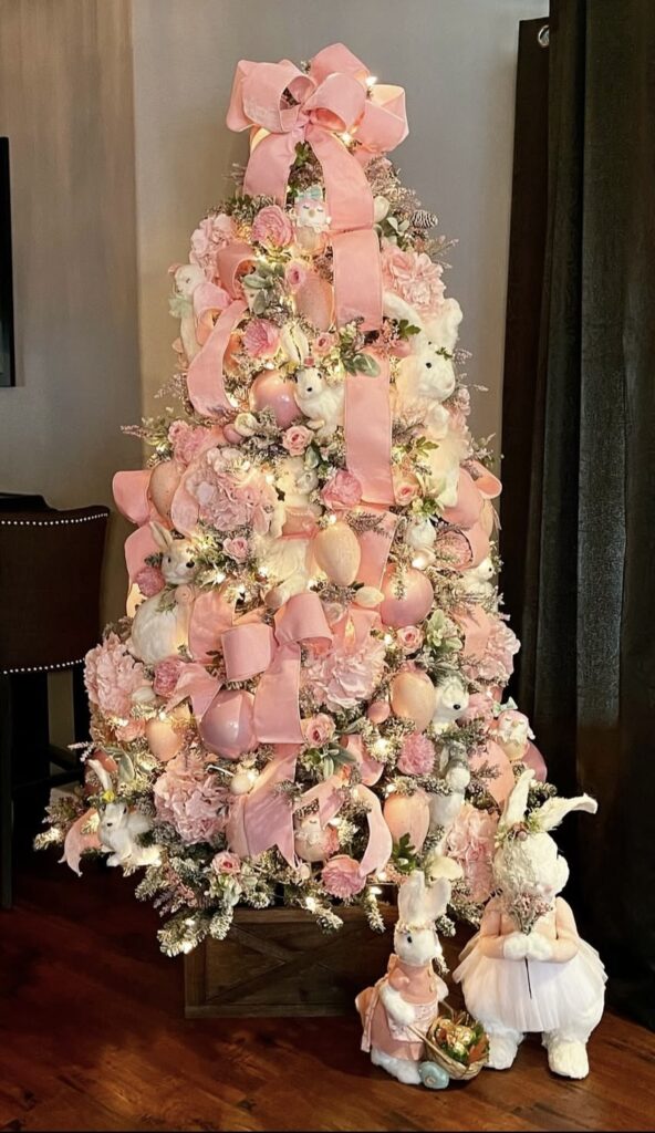 White and pink easter tree with pink ribbon and white bunnies