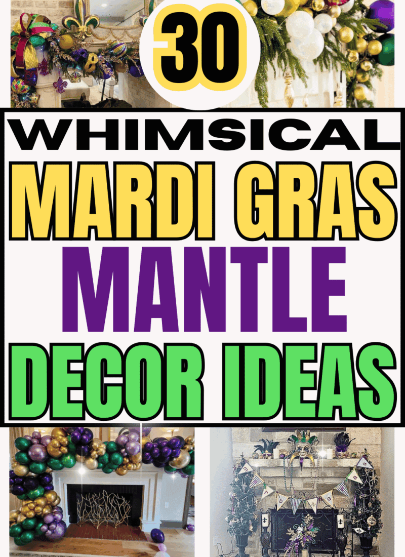 Pinterest pin graphic showing a Mardi Gras mantel garland collage with ribbon, beads, ornaments, and balloons, plus a big “30” badge and the headline text “30 WHIMSICAL MARDI GRAS MANTLE DECOR IDEAS”, featured by slowestuff.com.