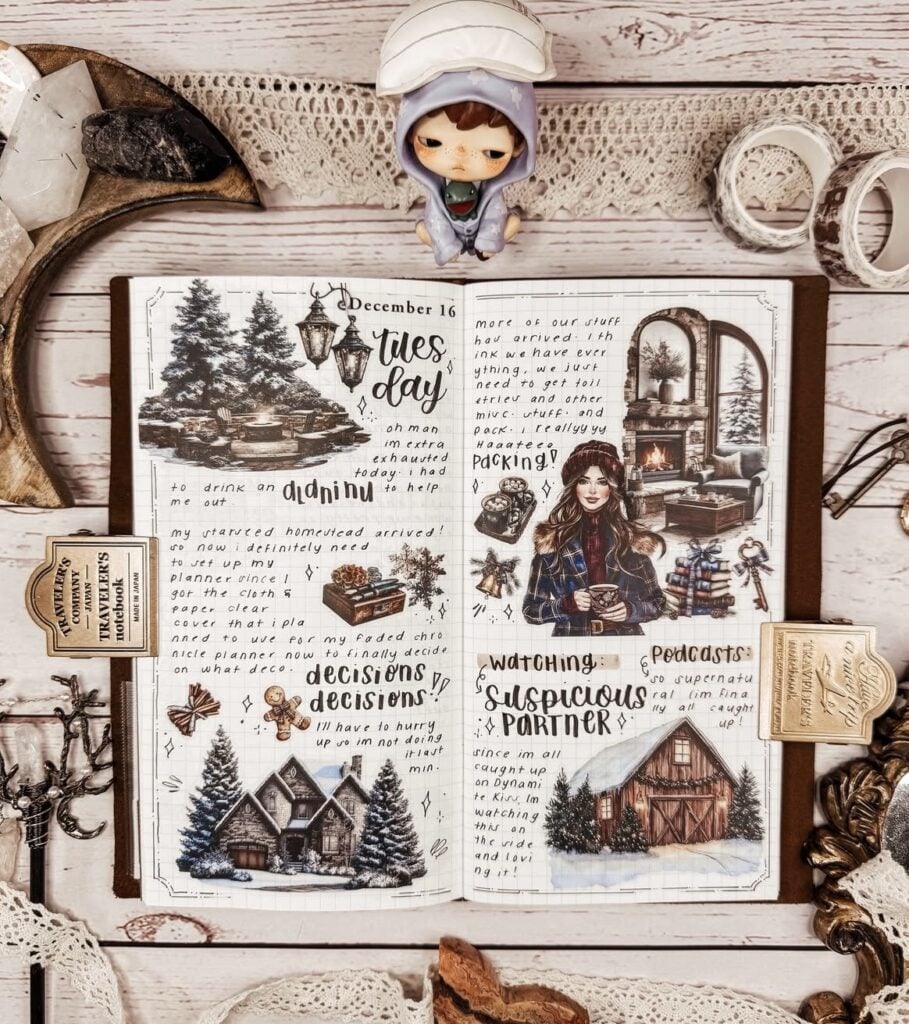 Elegant December planner spread with winter florals, seasonal accents, and organized weekly planning.