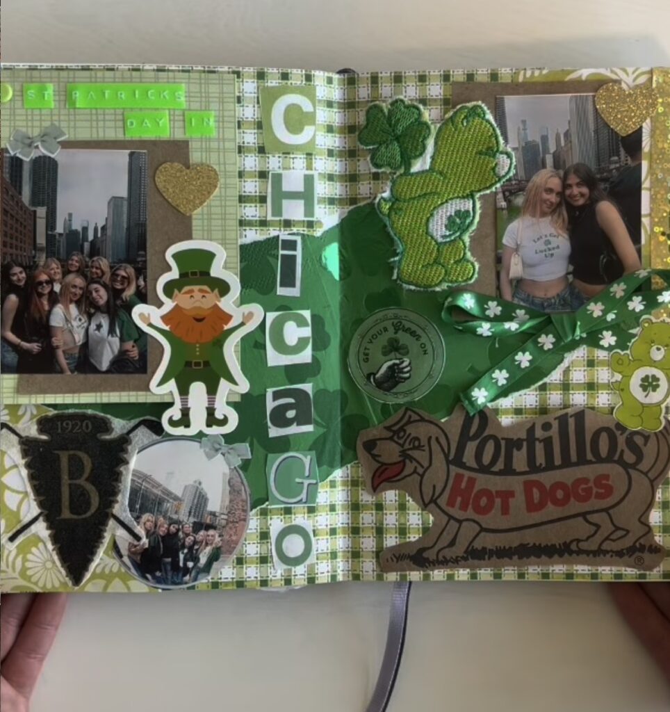 St. Patrick’s Day scrapbook two-page spread with “Chicago” letters, photos, leprechaun stickers, green ribbon, and themed memorabilia.