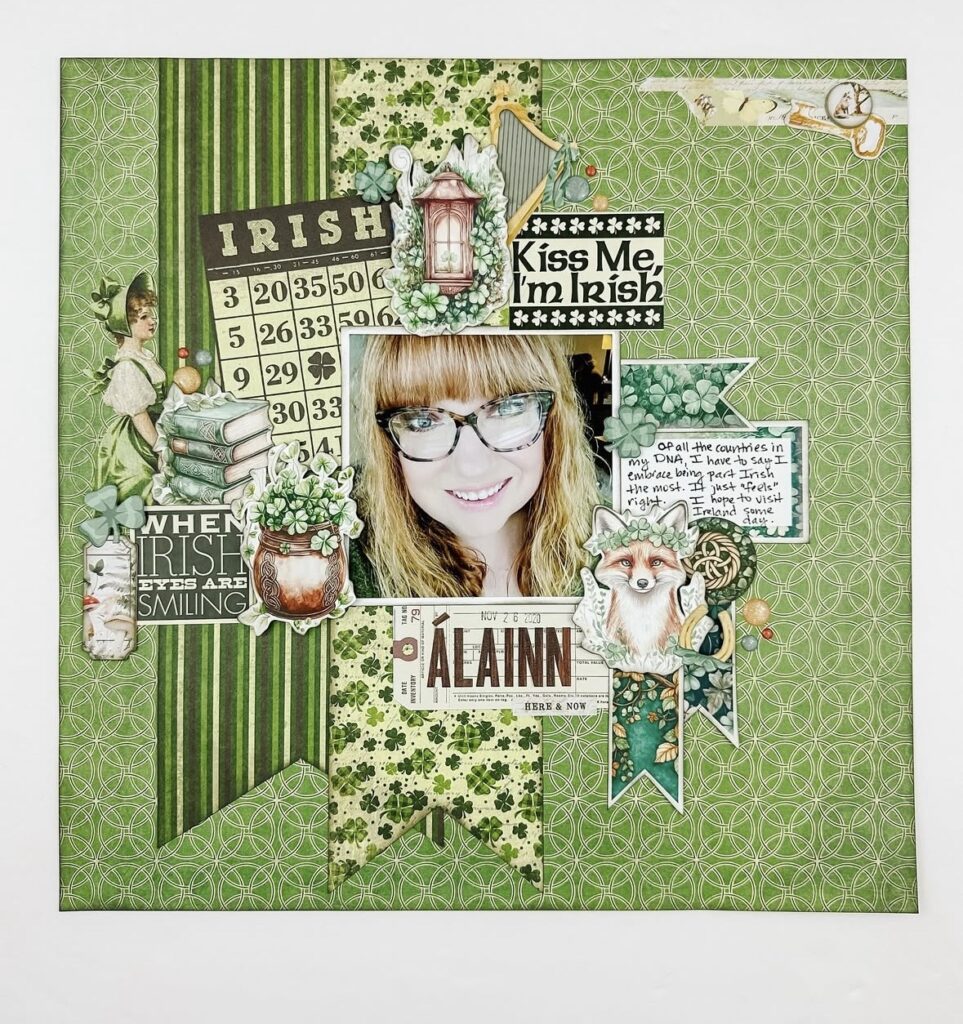 Green vintage scrapbook layout with photo centerpiece, shamrock patterns, Irish sayings like “Kiss Me I’m Irish,” vintage illustrations, and a journaling note about heritage.