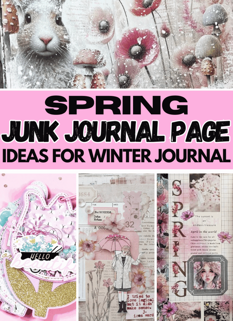 Pinterest pin graphic showing a dreamy spring collage with a bunny, mushrooms, pink banner text, and three sample journal page images, with the headline text “SPRING JUNK JOURNAL PAGE IDEAS FOR WINTER JOURNAL,” featured by slowestuff.com.