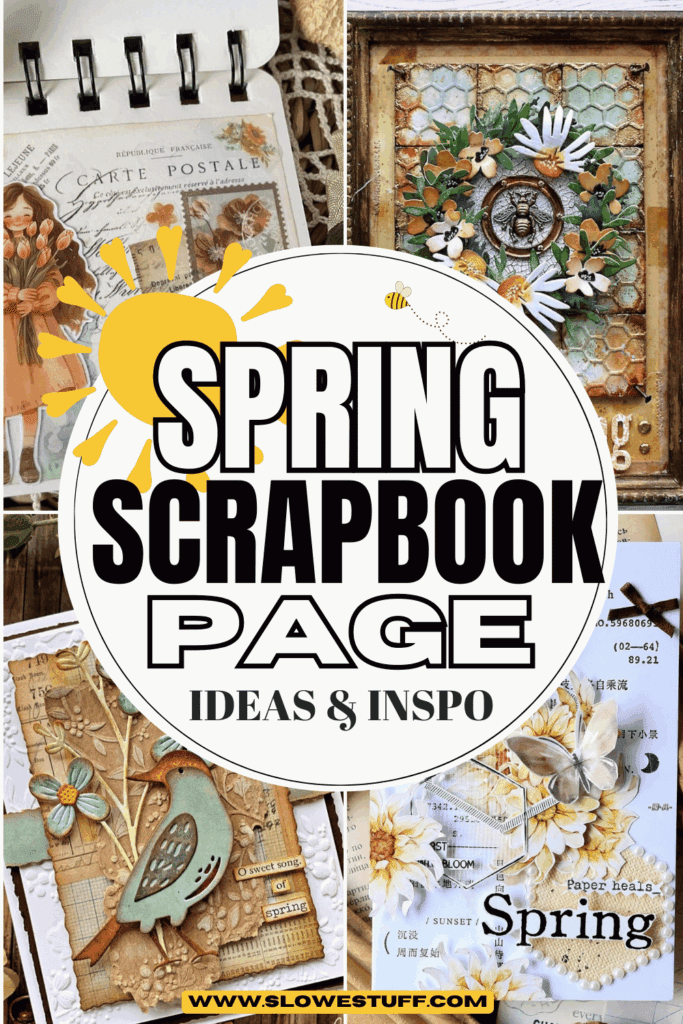 Pinterest pin graphic showing a collage of spring scrapbook and junk journal pages with vintage papers, flowers, and a sunshine icon, with the headline text “SPRING SCRAPBOOK PAGE IDEAS & INSPO,” featured by slowestuff.com.