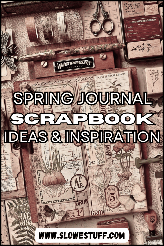 Pinterest pin graphic showing a cozy vintage craft desk flat lay with scissors, washi tape, stamps, and a spring journal spread, with the headline text “SPRING JOURNAL SCRAPBOOK IDEAS & INSPIRATION,” featured by slowestuff.com.