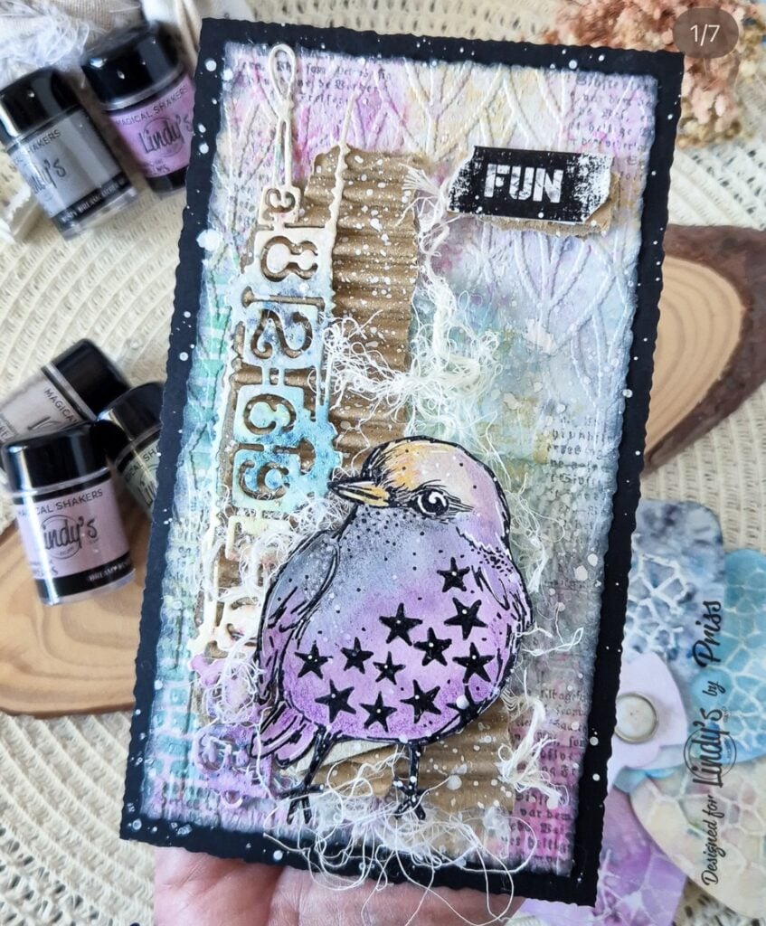 Spring scrapbook page featuring mix media elements in pale purple, aqua and white with a songbird on it and the word fun