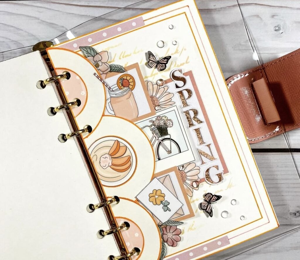 Spring scrapbook page featuring neutral colors, geometric shapes and the word spring